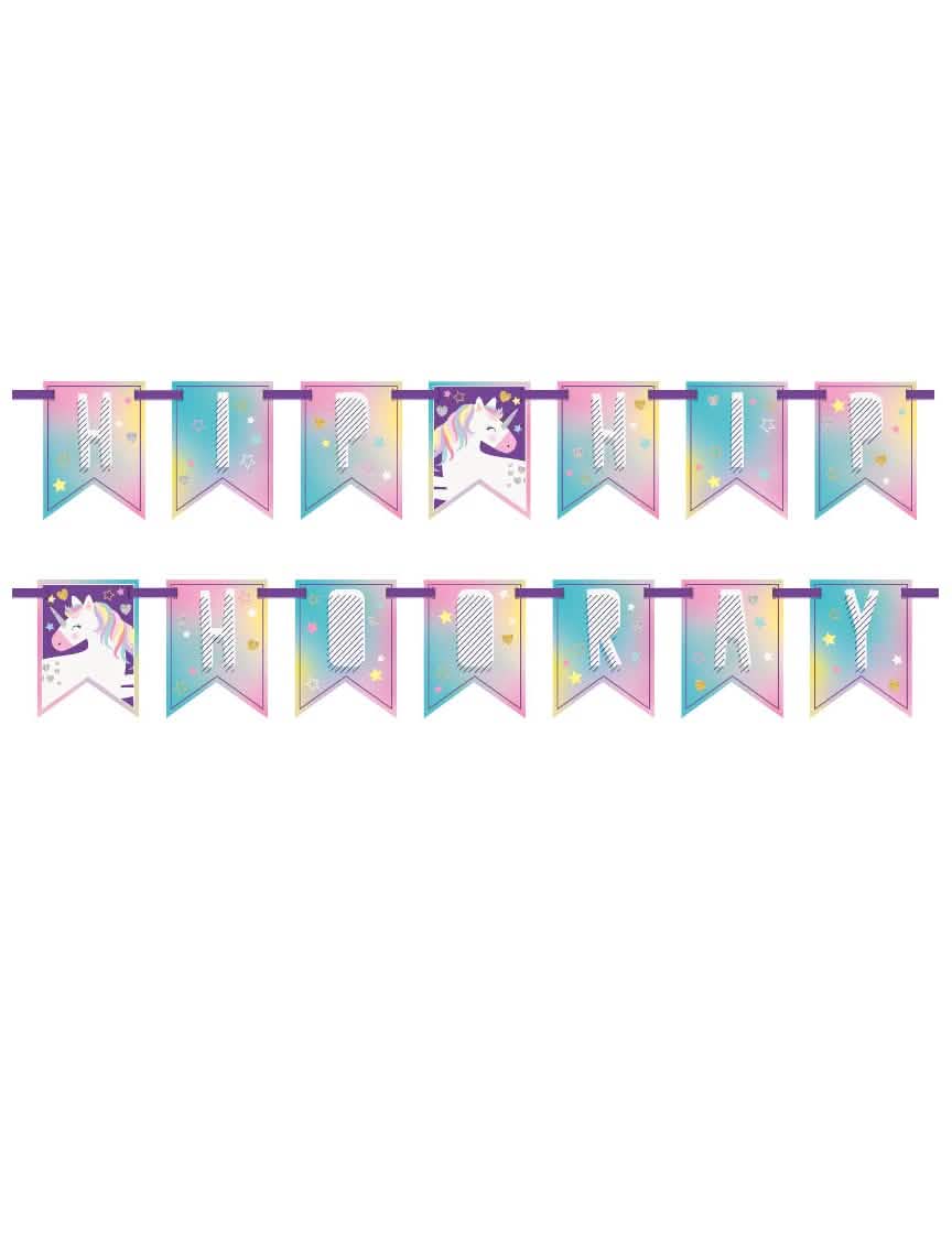 Guirnalda de cartón unicornio party para niño multicolor pastel hip hip hooray