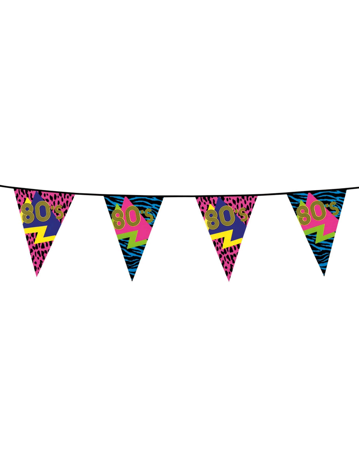 Guirnalda de banderines 80's Party multicolor con motivos neón y estampados animales