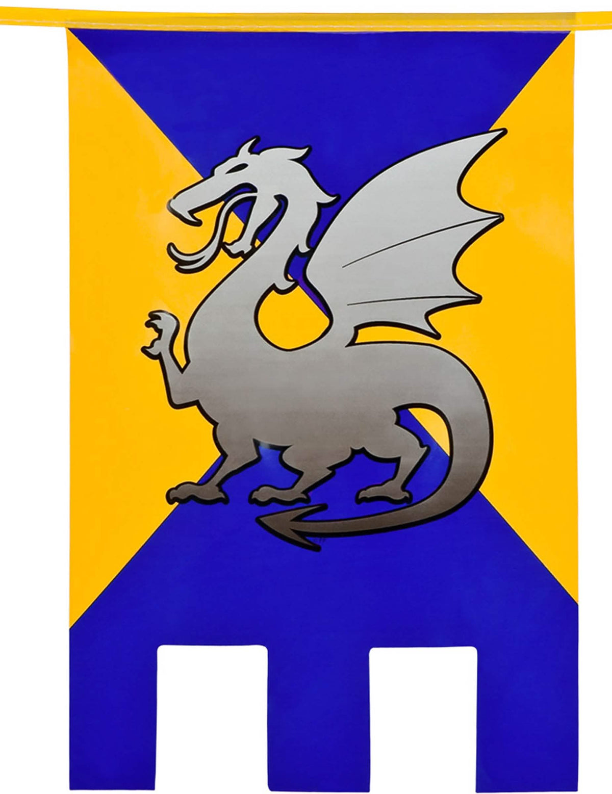 Detalle de un banderín amarillo y azul de la guirnalda de banderines caballero medieval