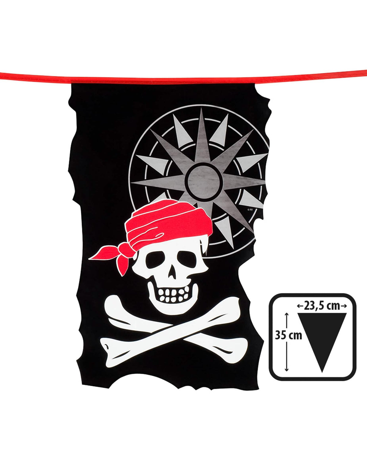 Detalle de las dimensiones y del diseño de la guirnalda de banderines de calavera