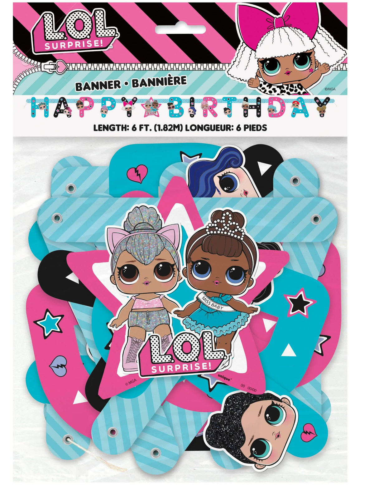 Detalle de los personajes y elementos de la guirnalda Happy Birthday LOL Surprise