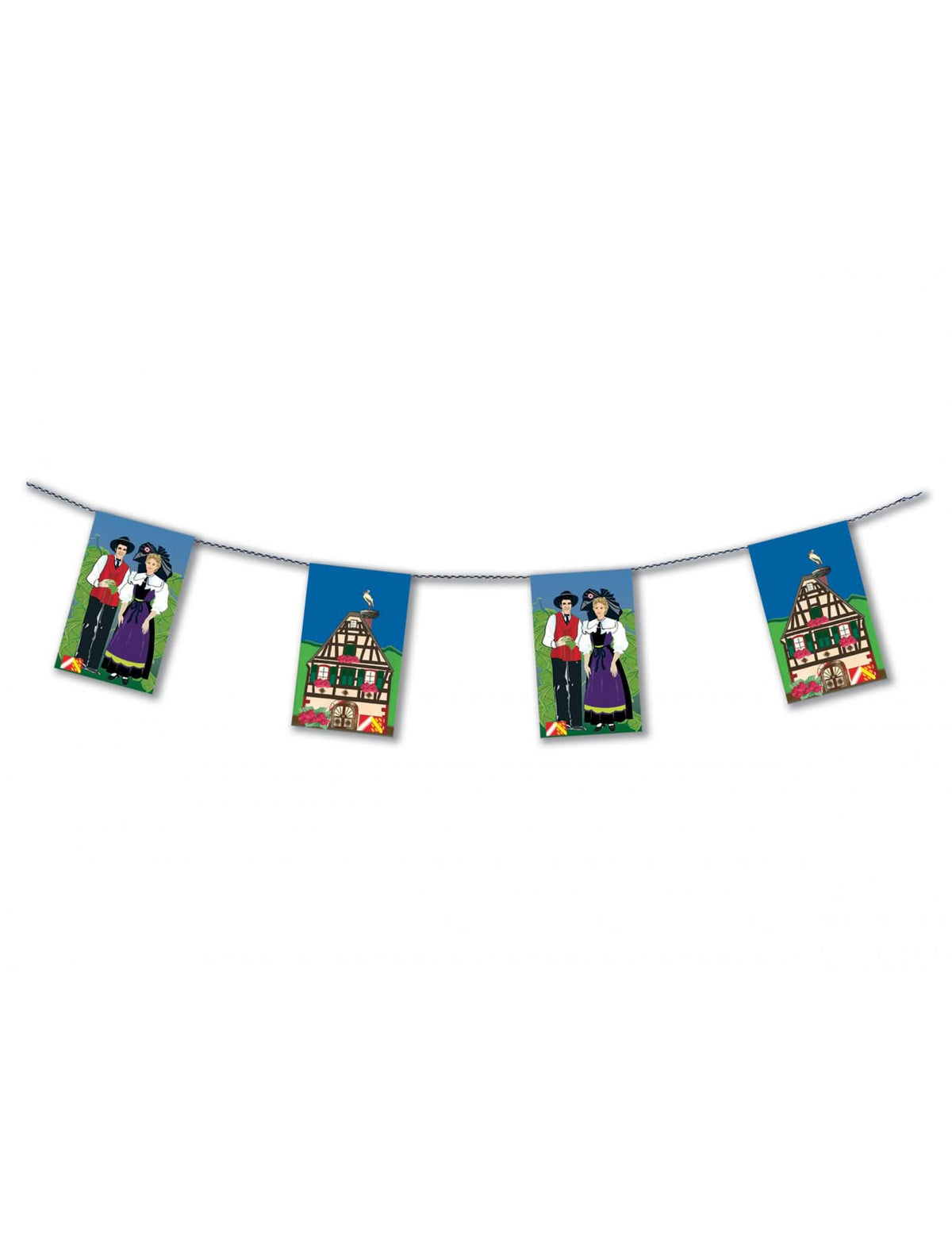 Guirnalda de Alsacia de papel para fiesta azul con motivos de casas y personajes tradicionales