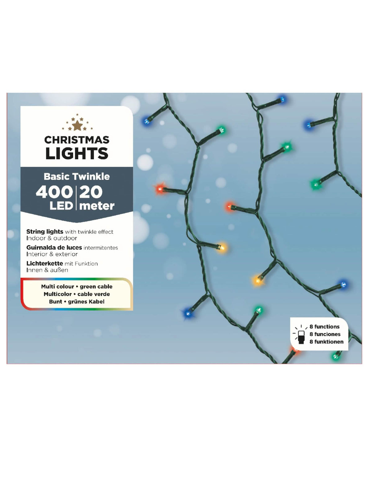 Detalle del embalaje de la guirnalda luminosa 400 led 20 m 8 funciones para decoración multicolor