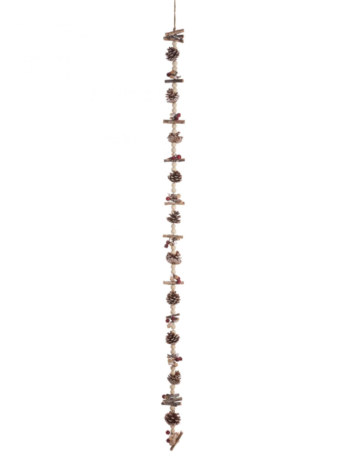 Guirlande de perles bois et pommes de pin décoration nature marron et beige avec baies rouges