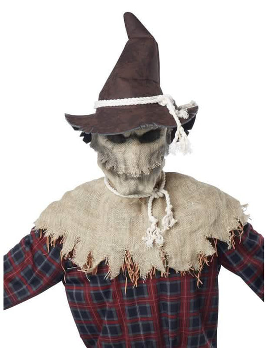 Détail du masque et du chapeau du déguisement épouvantail avec masque luxe