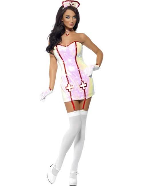 Disfraz de enfermera sexy para mujer blanco con lentejuelas y cruces rojas