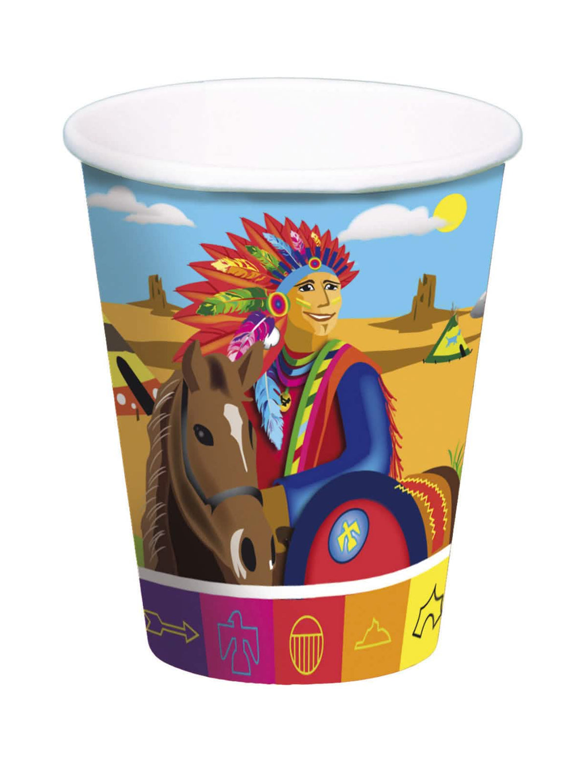 Vasos indios para niño azul con ilustración de jefe indio sobre su caballo