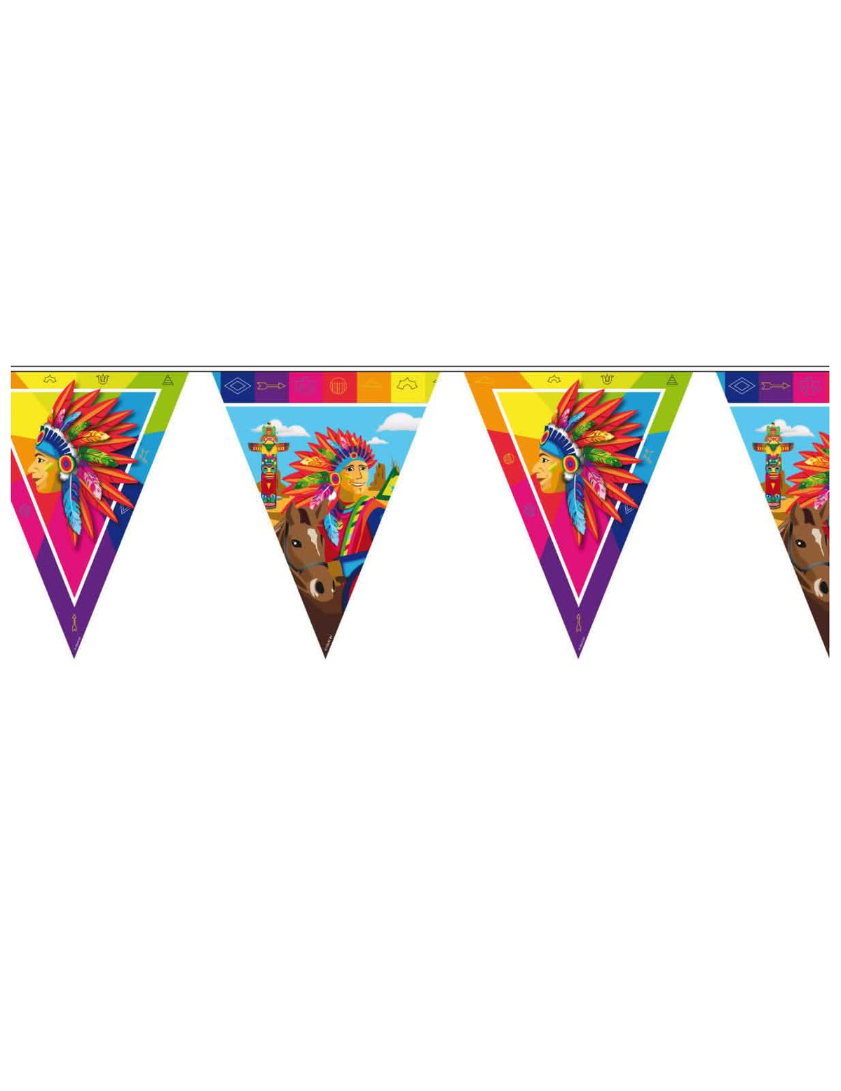 Guirnalda de banderines indígena para fiesta multicolor de 10 m con motivos de plumas y tótems
