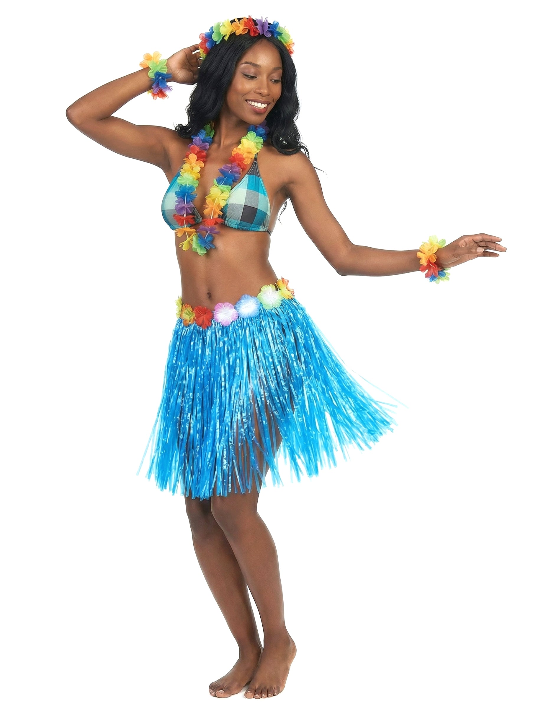 Falda Hawaiana Corta De Flores – Color Azul Vibrante – Ideal Para Fiestas Tropicales Y Disfraces – 55 Cm De Largo