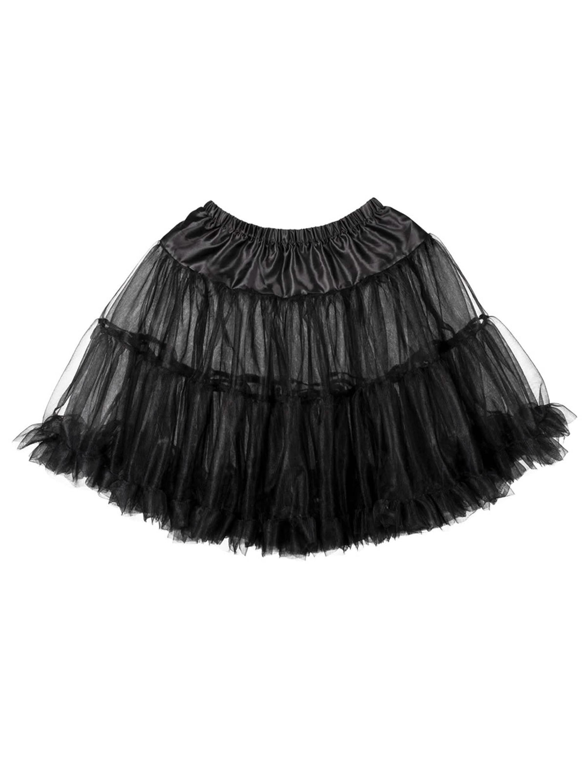 Vista plana de la falda enagua midi negra para mujer