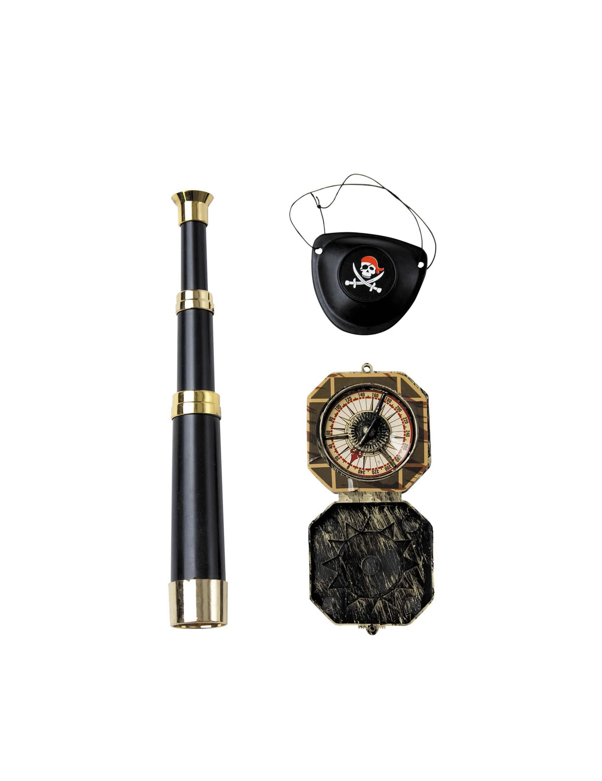 Kit de accesorios de capitán pirata para adulto negro y dorado con catalejo, brújula y parche para el ojo