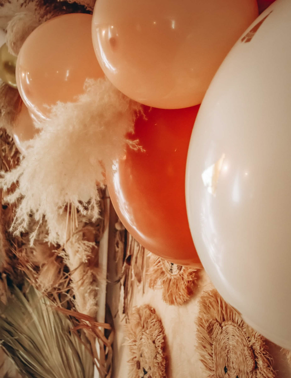 Zoom sobre los globos y las hierbas de la pampa del kit arco de 46 globos boho para boda y cumpleaños