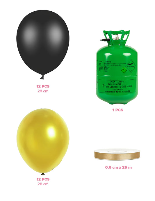 Kit de cilindro de helio con 12 globos negros 12 globos dorados y cinta