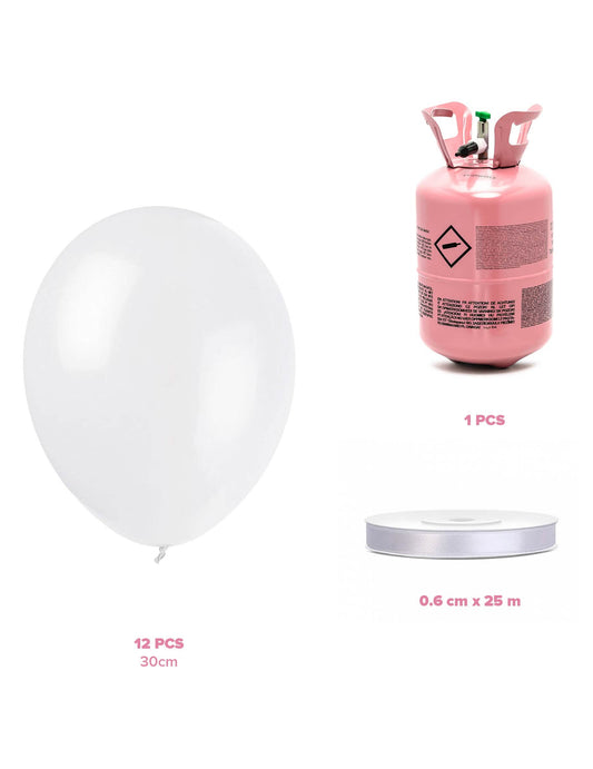 Kit de cilindro de helio con 12 globos blancos y cinta