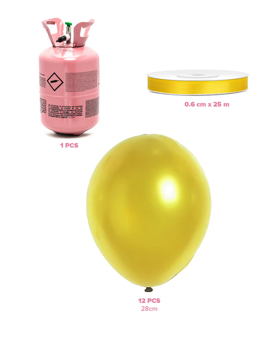 Kit de cilindro de helio con 12 globos dorados y cinta de raso
