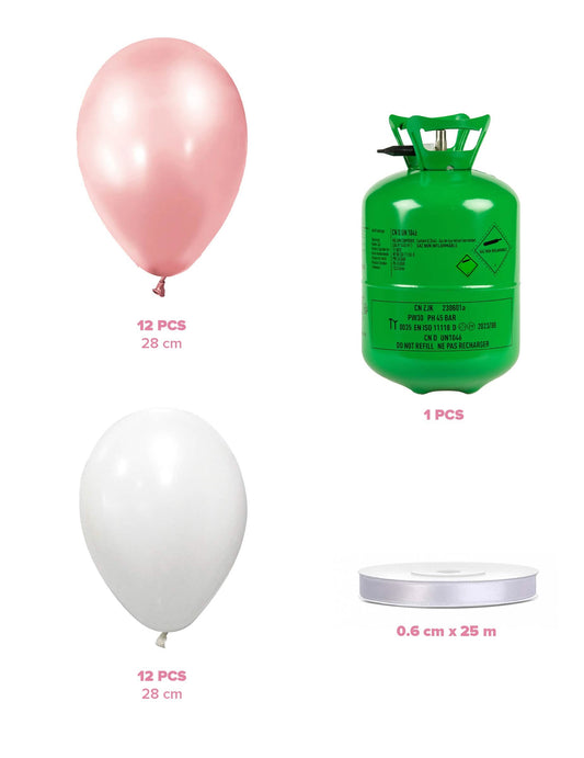 Kit de cilindro de helio con 12 globos rosa-oro 12 globos blancos y cinta
