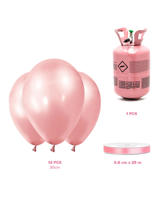Kit de cilindro de helio con 12 globos rosa dorado y cinta de raso