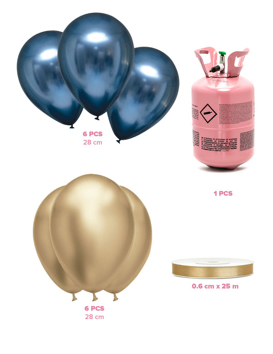 Kit de cilindro de helio con 6 globos azul marino 6 globos dorados y una cinta
