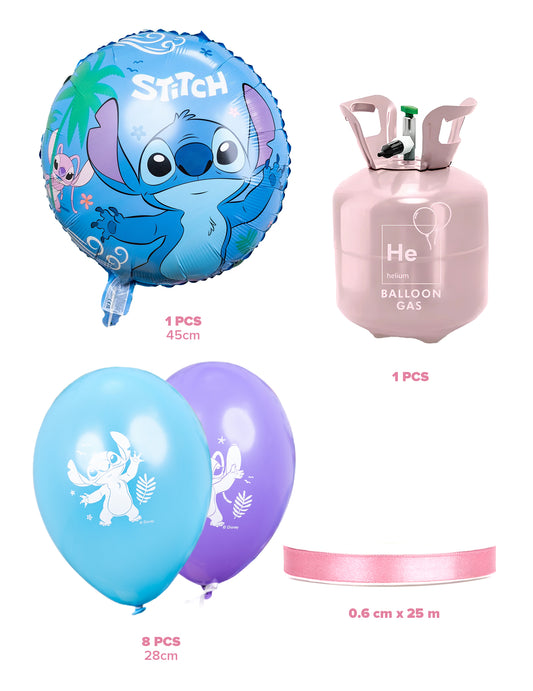 Kit de bombona de helio con 9 globos Stitch™ y cinta.