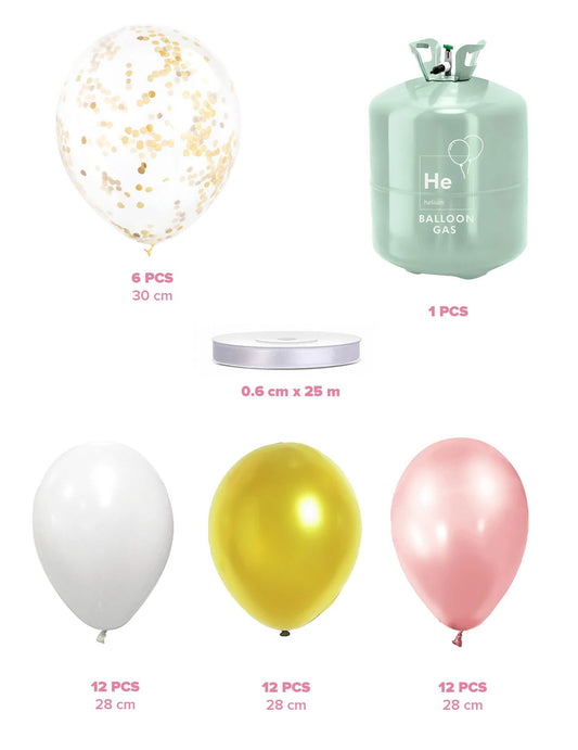 Kit de botes de helio con globos transparentes blanco oro rosa y cinta a juego