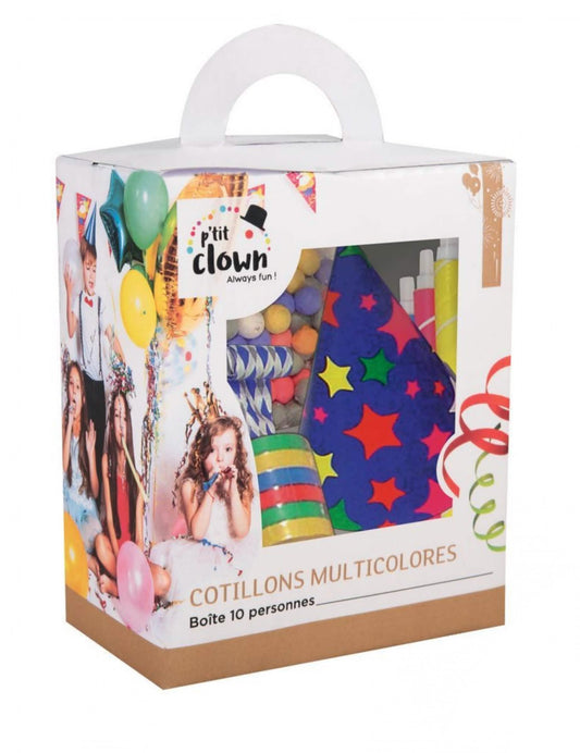 Boîte d'emballage du kit cotillons multicolores pour 10 personnes