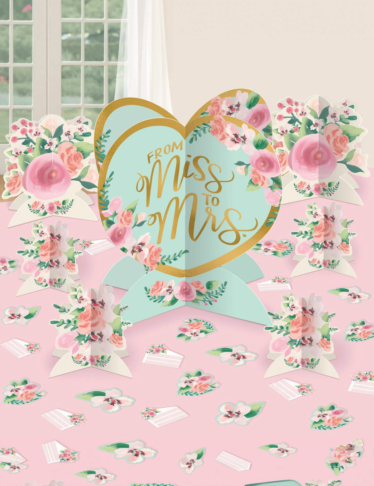Vista general de los elementos del kit decoración de mesa From Miss to Mrs para boda liberty