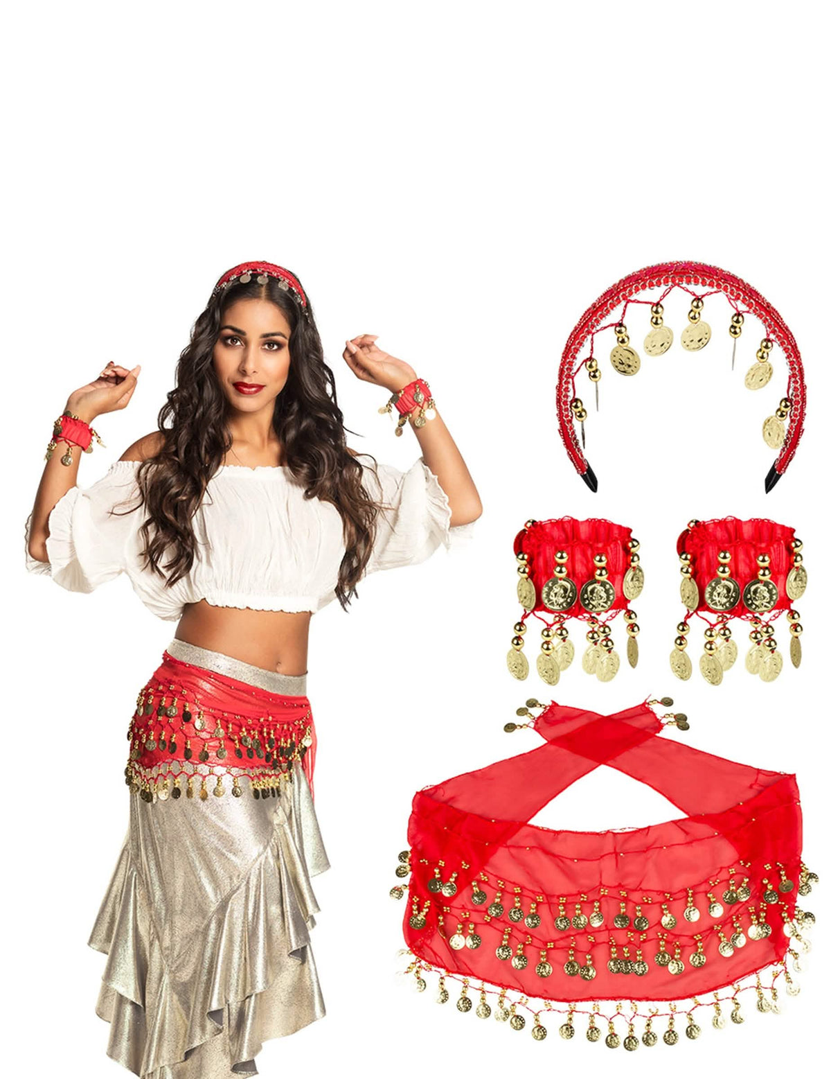 Vista general de los accesorios del kit de accesorios de bailarina oriental para mujer