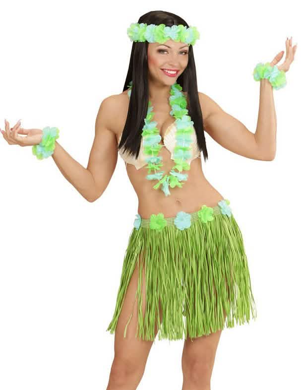 Kit hawaiano para adulto azul y verde con falda y adorno de flores
