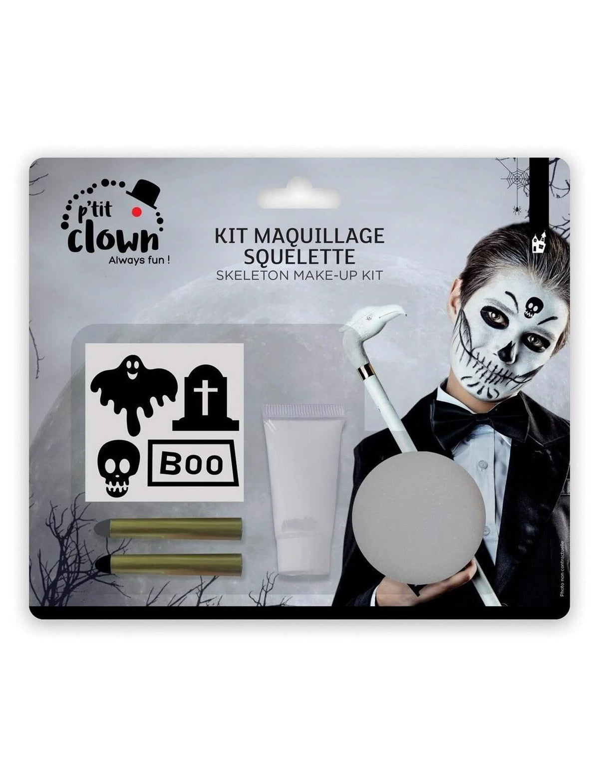 Kit maquillage squelette pour enfant noir et blanc avec pochoirs
