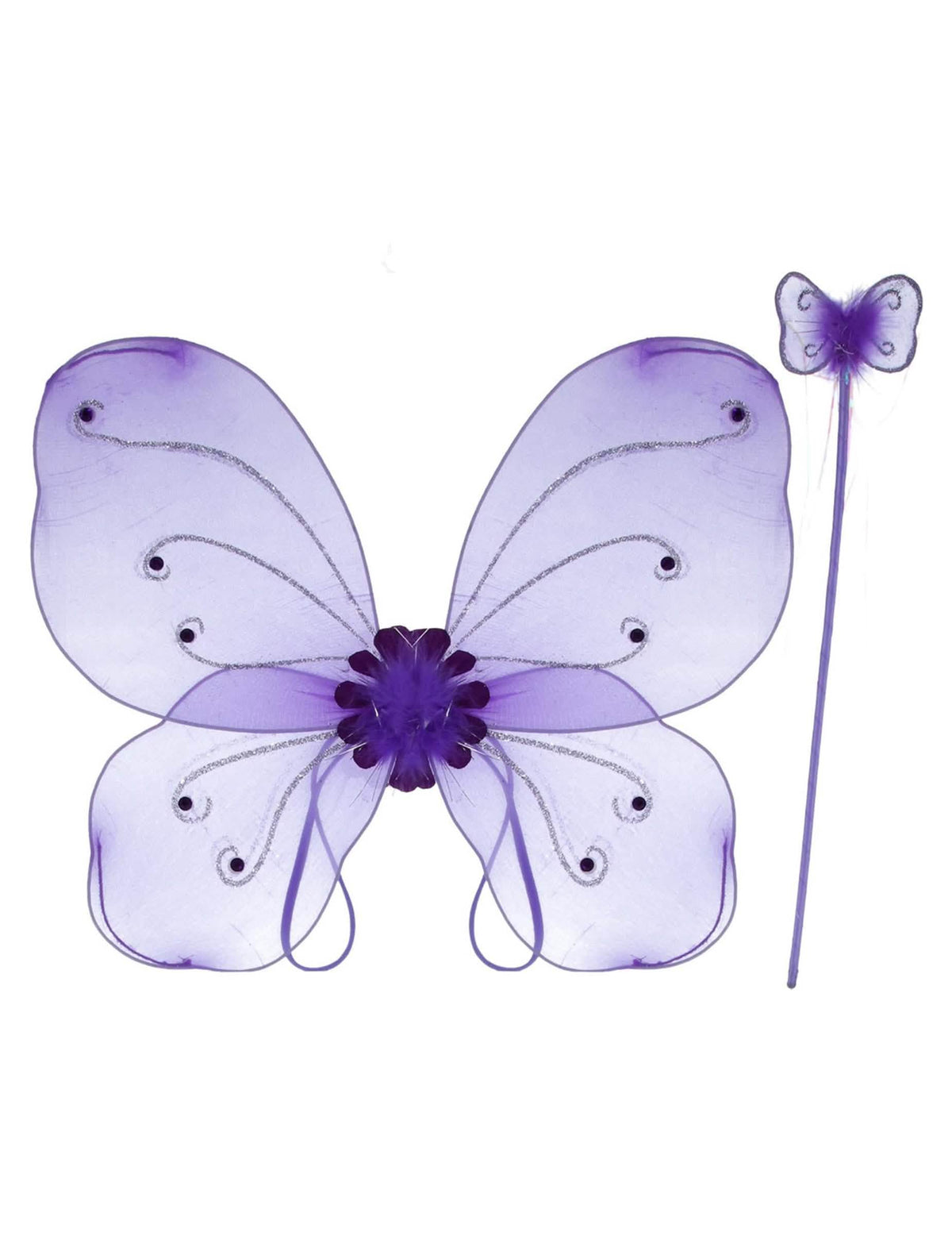 Detalle de las alas y de la varita del kit de mariposa violeta para niña