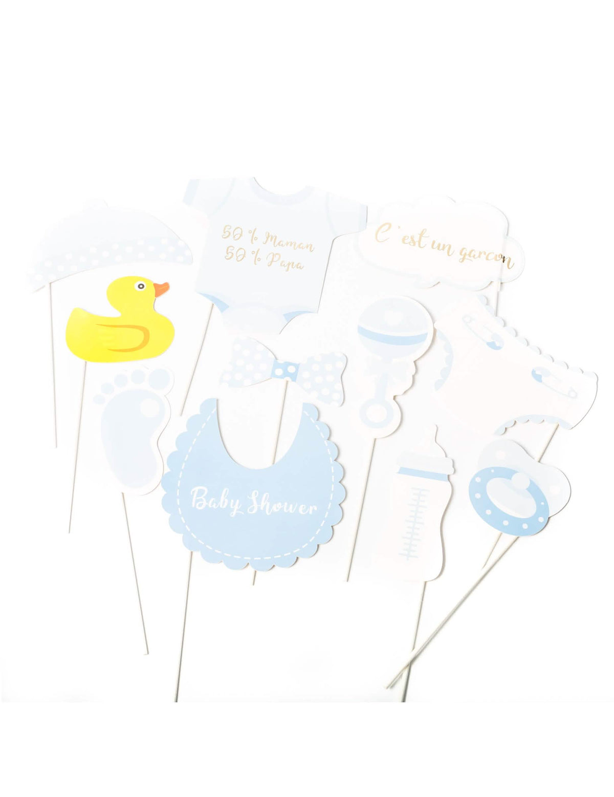 Kit photocall baby shower para niño azul y blanco 11 piezas en varillas