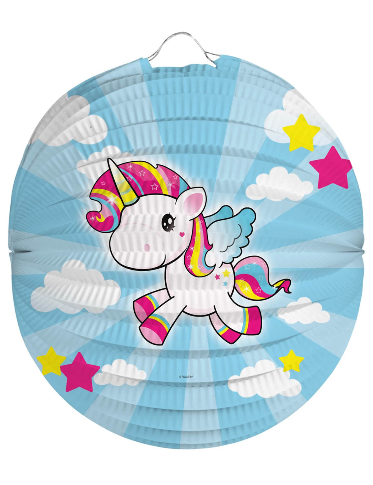 Farolillo de papel unicornio azul con nubes y estrellas
