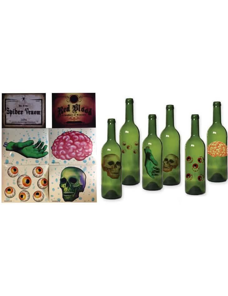 Lote de 6 decoraciones para botella halloween para fiesta multicolor con motivos de calavera y cerebro