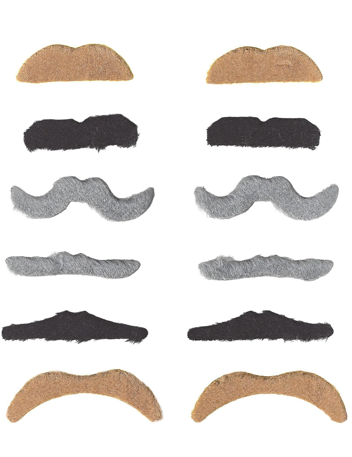 Lote de 12 bigotes para adulto negras, grises y marrón de formas variadas