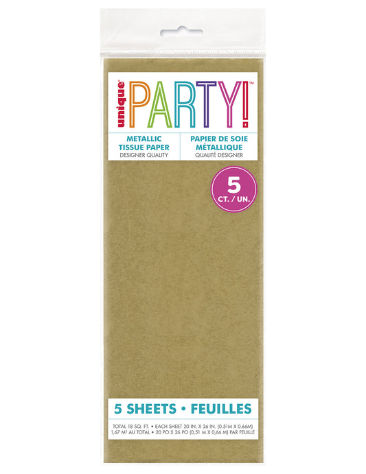 5 Hojas de papel de seda metalizado oro