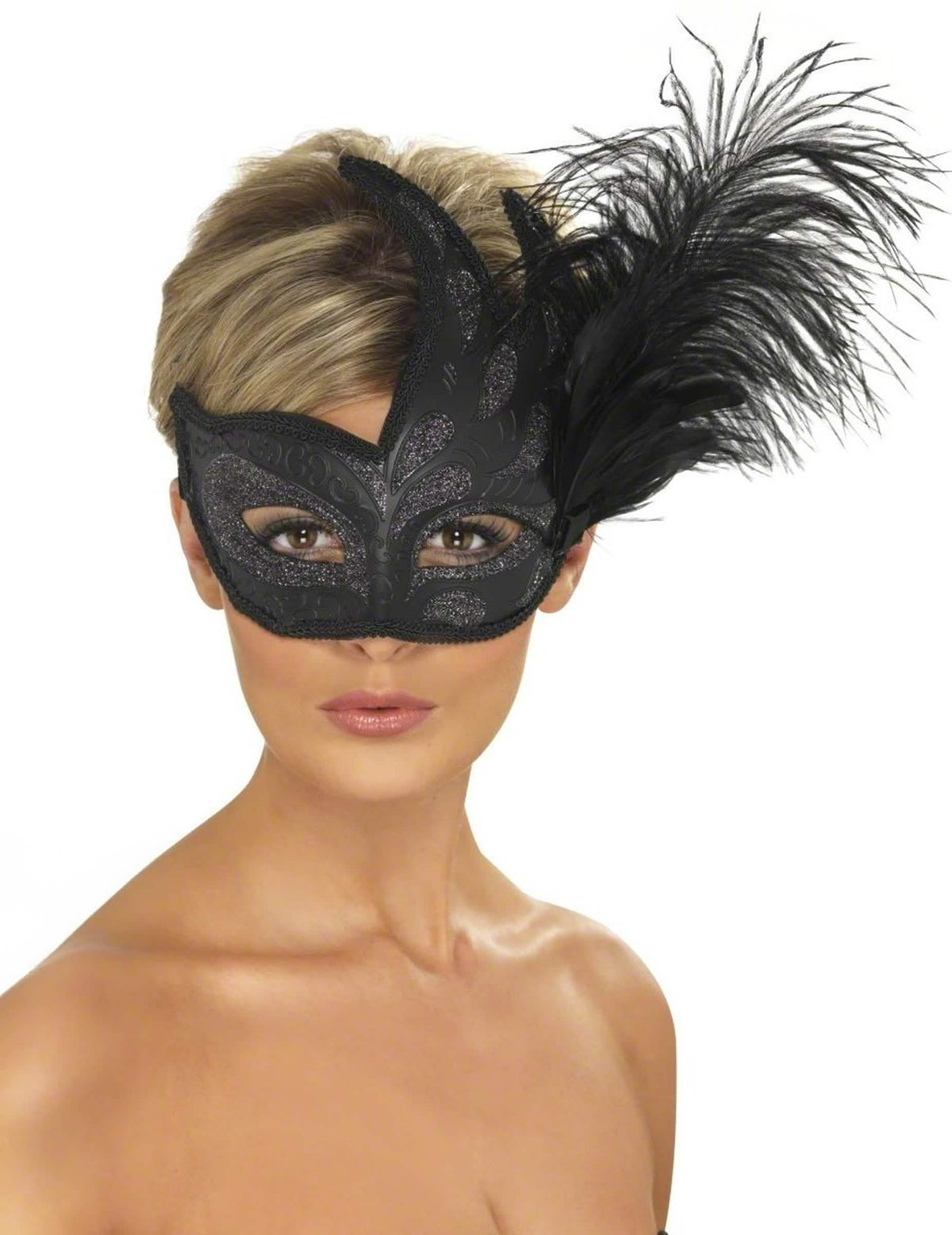 lobo negro con purpurina plateada y plumas para adulto negro