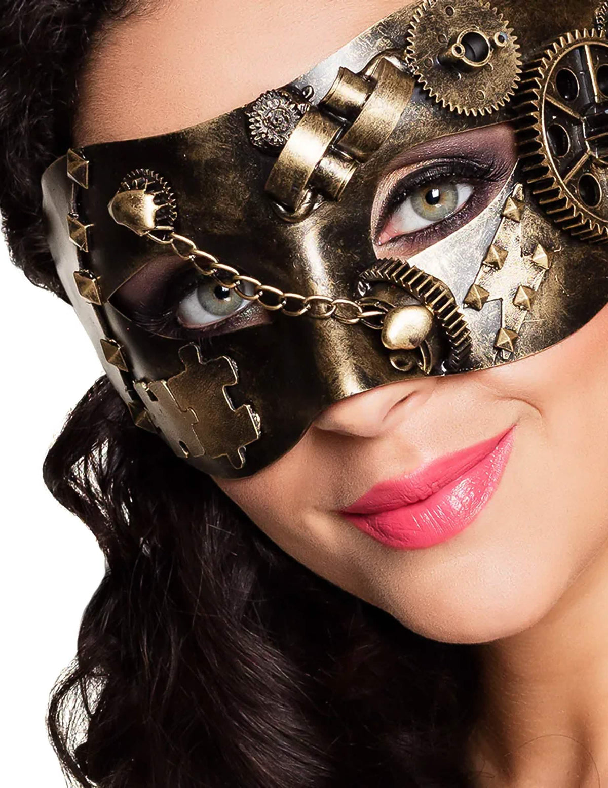 Primer plano de los engranajes y la cadena del lobo steampunk