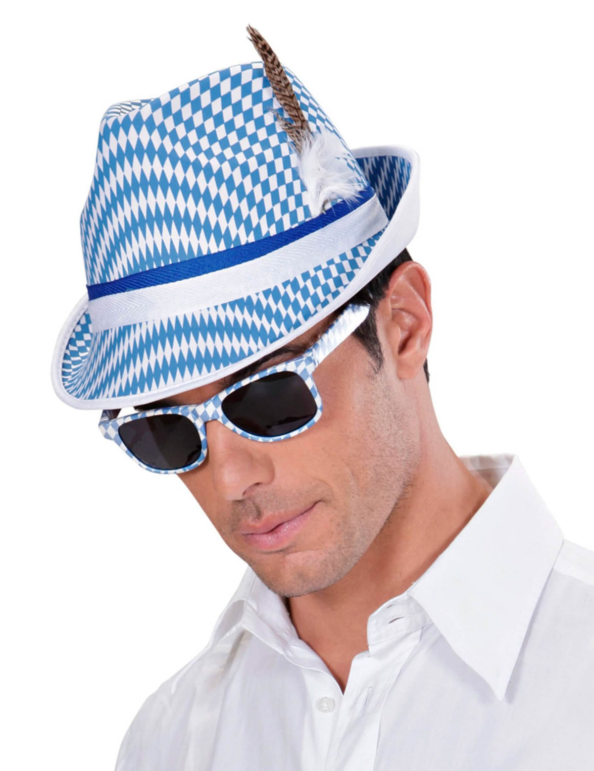 gafas fiesta de la cerveza para adulto blancas y azules con motivos de damero