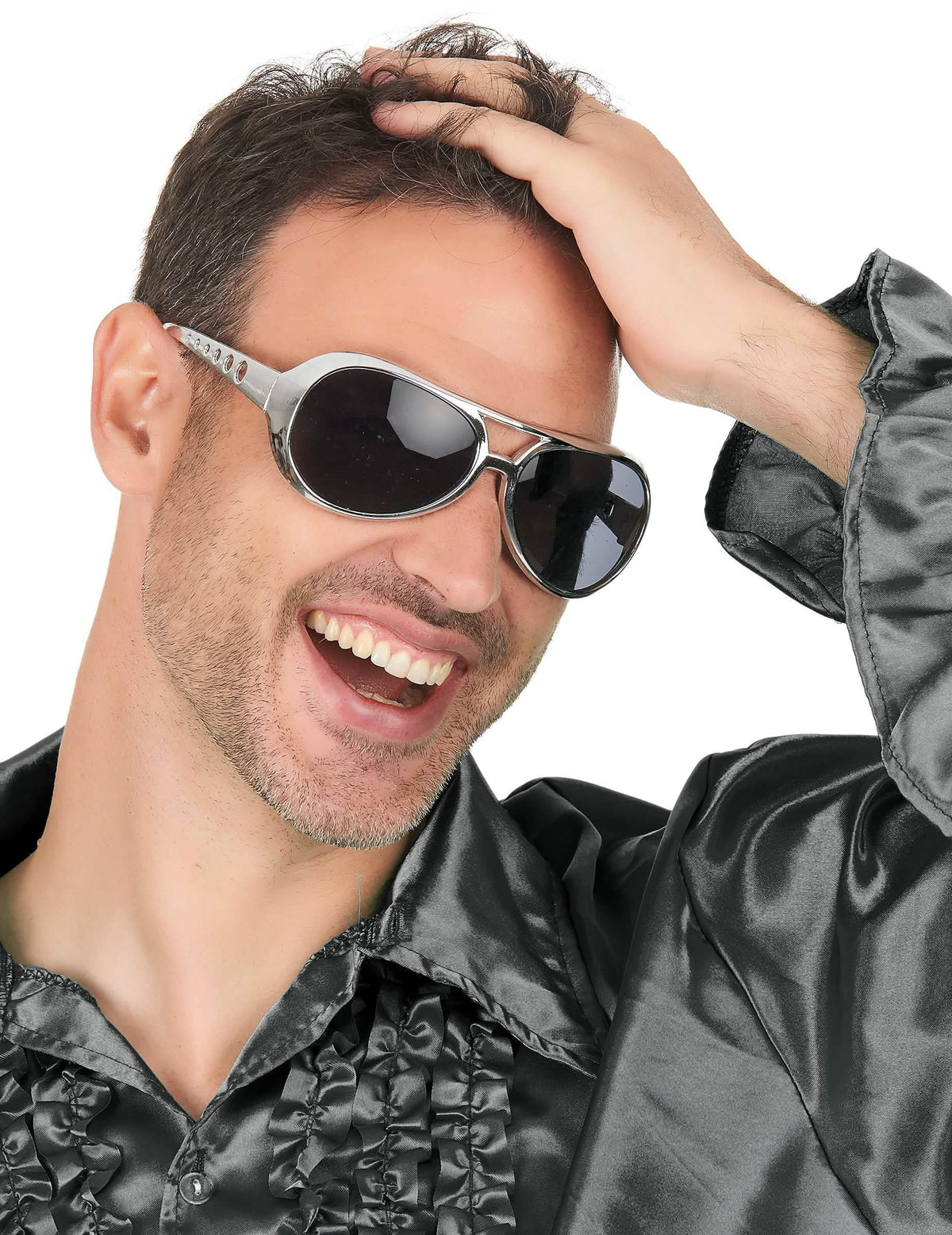 Primer plano de la montura de las gafas redondas para adulto plateado de plástico