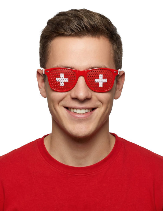 Vue de face des lunettes supporter avec drapeau Suisse