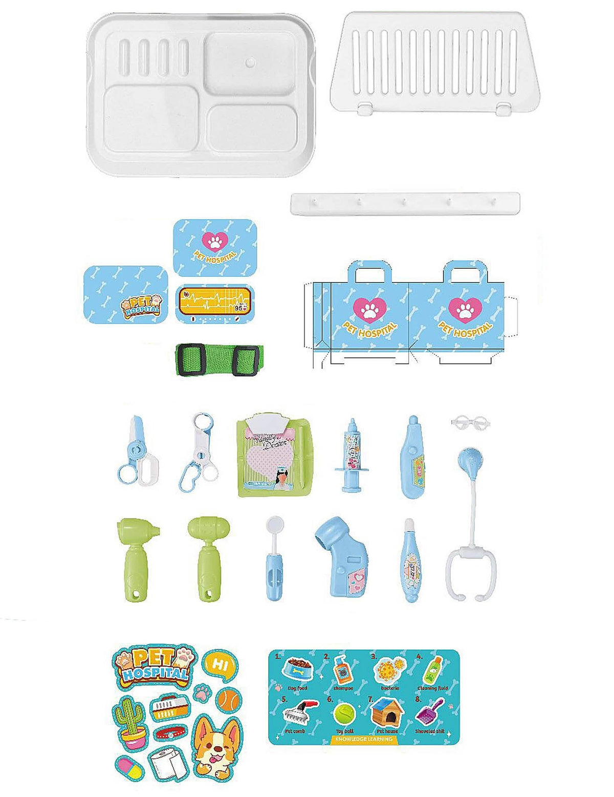 Detalle de todos los accesorios del kit de juego veterinario