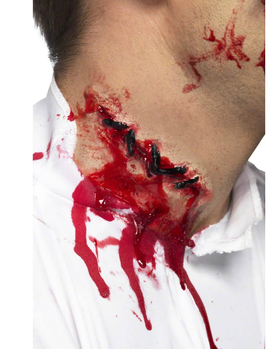 Falsa herida en el cuello para adulto, sangrienta con puntos de sutura