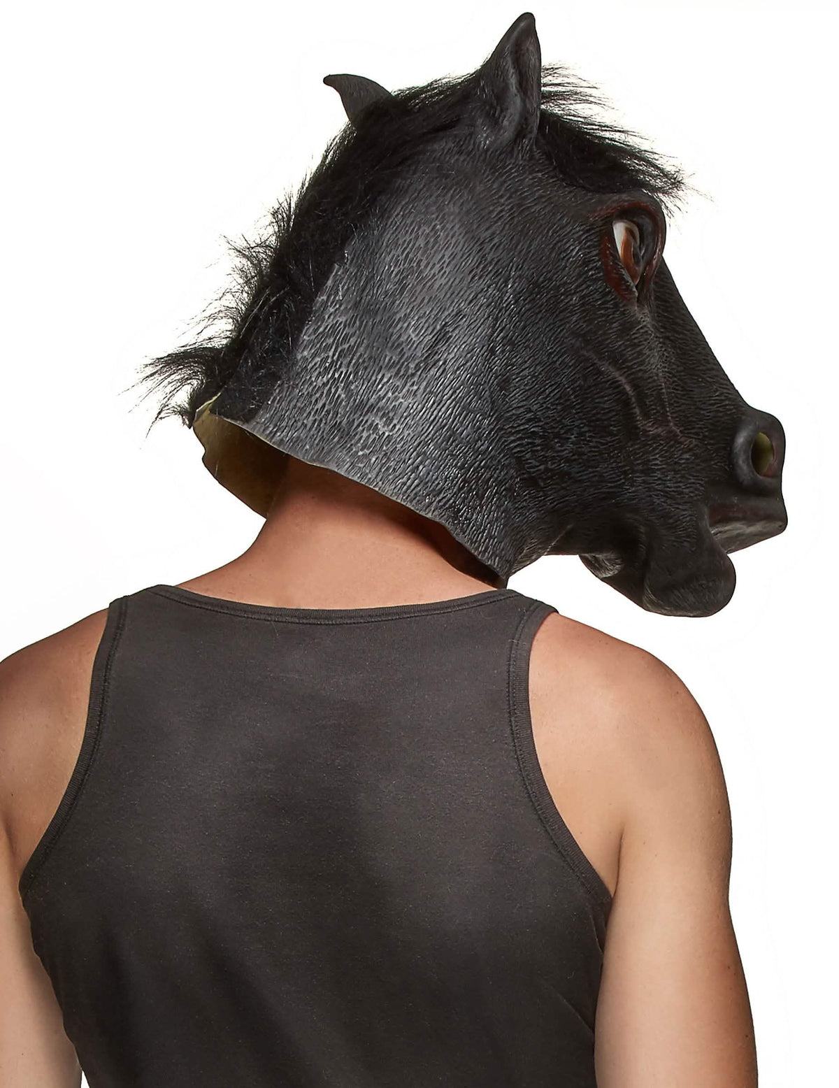 Vista trasera de la máscara de látex cabeza de caballo