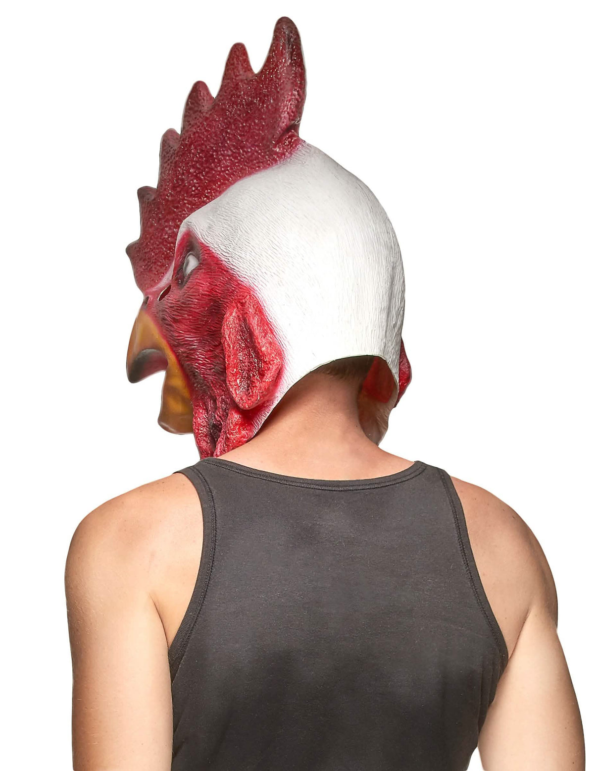 Vista trasera de la máscara de látex cabeza de gallo