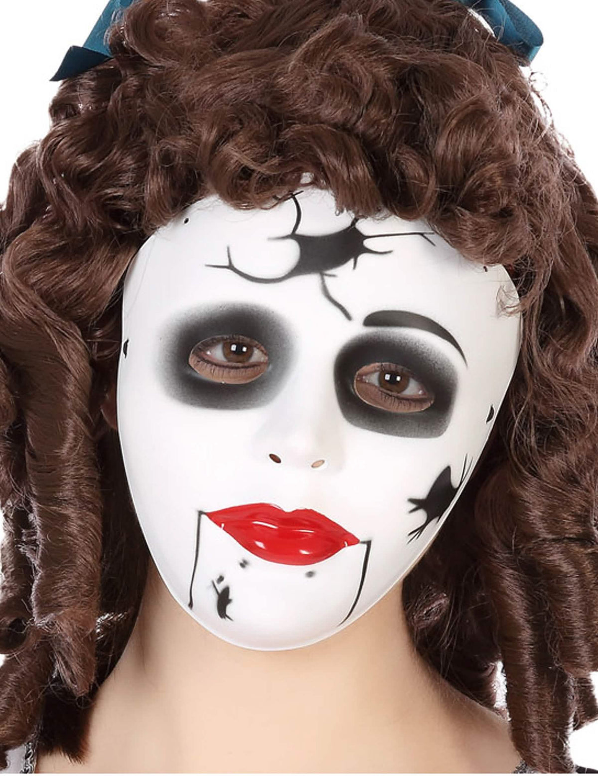 Máscara de muñeca agrietada para adulto blanco con grietas negras y labios rojos