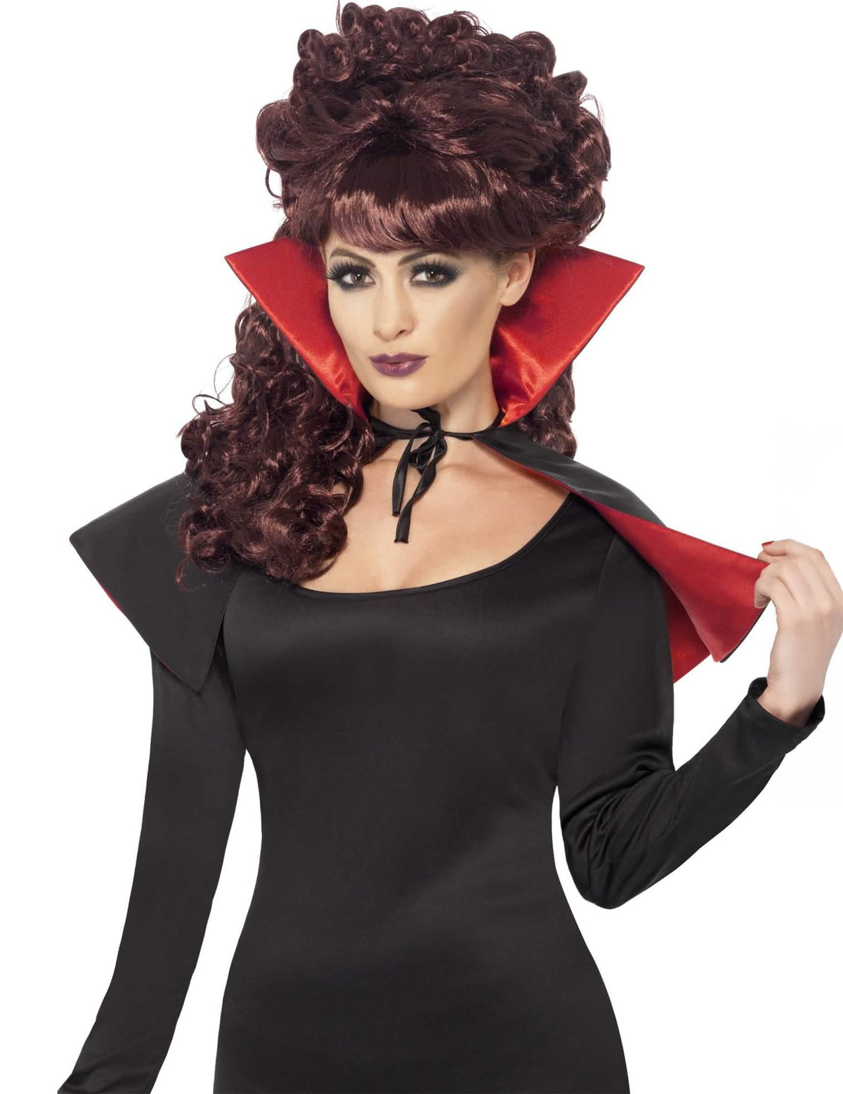 Mini capa de vampiro halloween para adulto negra con cuello rojo