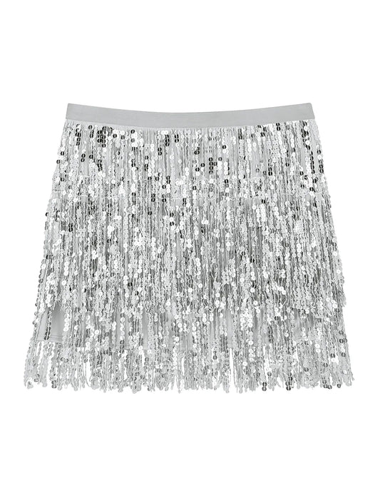 Vue de face de la minijupe à paillettes argentée pour femme à franges