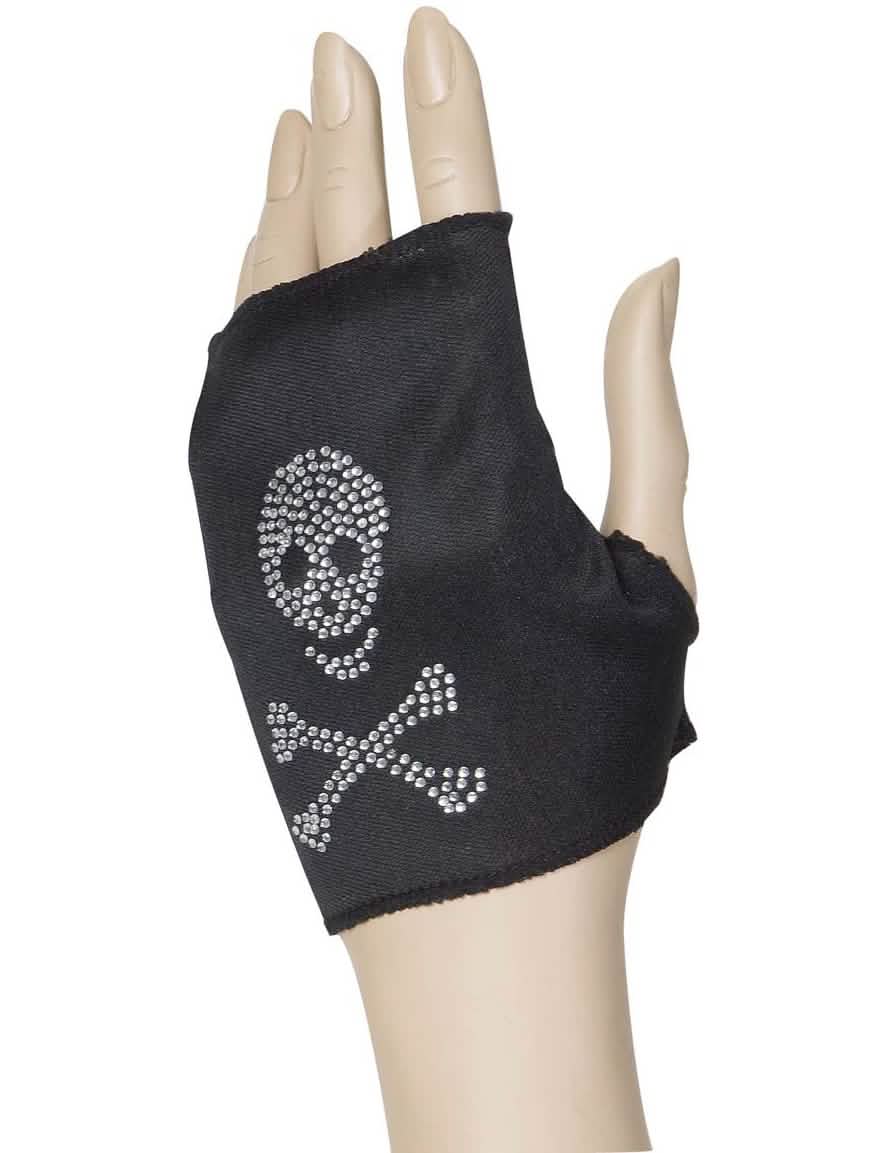 Guante sin dedos de calavera para mujer negra con motivo de strass