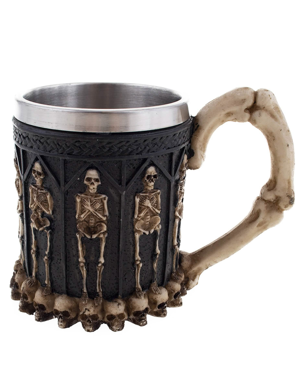 Taza esqueleto para adulto negro con asa de hueso y relieve de calaveras