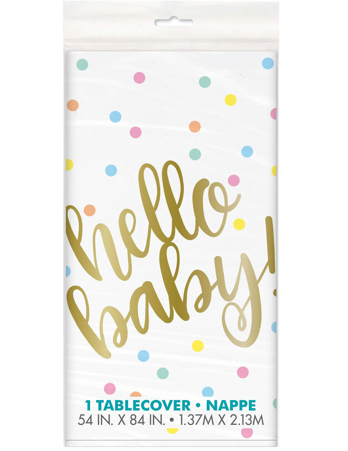 Nappe en plastique Hello Baby pour fête de naissance blanche et or à pois